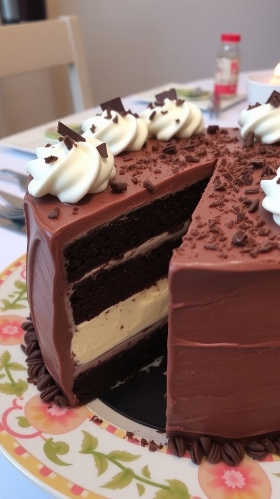 Chocolate Ice Cream Cake Recipe Chocolate ice cream cake with layers of chocolate cake and ice cream, topped with whipped cream and chocolate shavings.